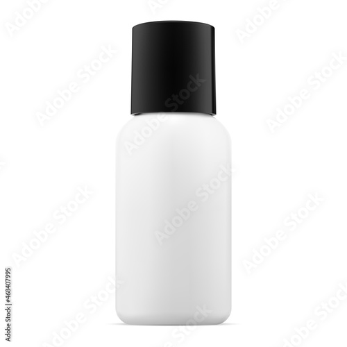 Glass cosmetic bottle mockup. White cylinder jar blank, black cap. Round airless face care serum container, vector. Tubular template for mini makeup aerosol, perfume or lotion, beauty care