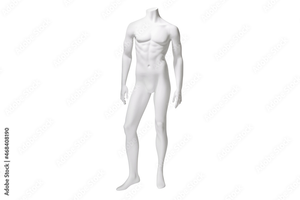Male white plastic glossy standing mannequin doll for clothes isolated on white background. Human body model. Decor showcases fashion store. Realistic illustration front view. Male white plastic glossy standing mannequin doll for clothes isolated on white background. Human body model. Decor showcases fashion store. Realistic illustration front view.