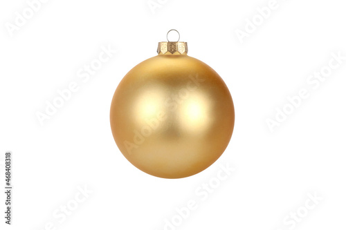 Gold Christmas ball isolated on white background. Happy New Year baubles bombs bulbs colorful decoration. Xmas glass ball. Poster, banner, cover card, brochure design for christmas tree.