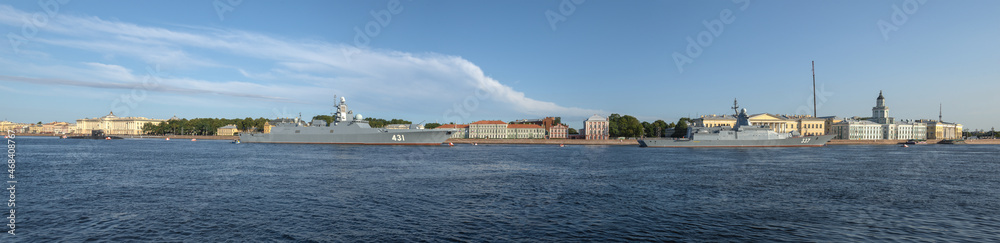 Panorama of the Neva with warships. Preparations for the celebration of the Navy Day, Saint Petersburg