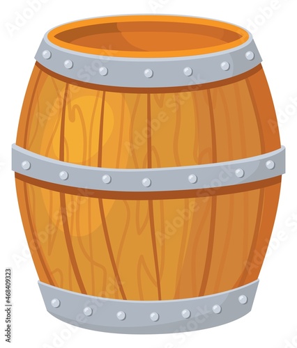 Cartoon wooden barrel. Oak pirate keg with wine rum whiskey honey beer for winery or brewery, wood alcohol cask pub, vector flat icon illustration