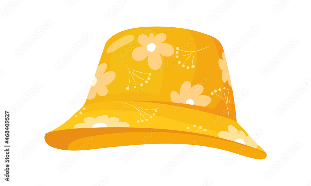 Fototapeta premium Cartoon yellow panama. Summer hat with flowers, vector illustration