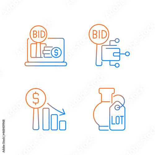 Electronic auctioning gradient linear vector icons set. Online bargaining. Dutch auction. Bidding for fine art objects. Thin line contour symbols bundle. Isolated outline illustrations collection