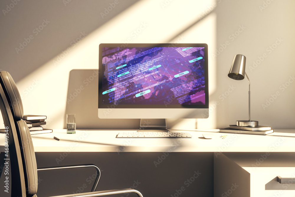 Modern computer display with abstract software development hologram and world map, global research and analytics concept. 3D Rendering