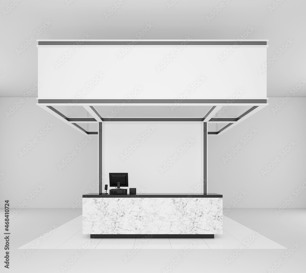 Booth mockup with white marble counter and white floor. 3d rendering Booth mockup with white marble counter and white floor. 3d rendering