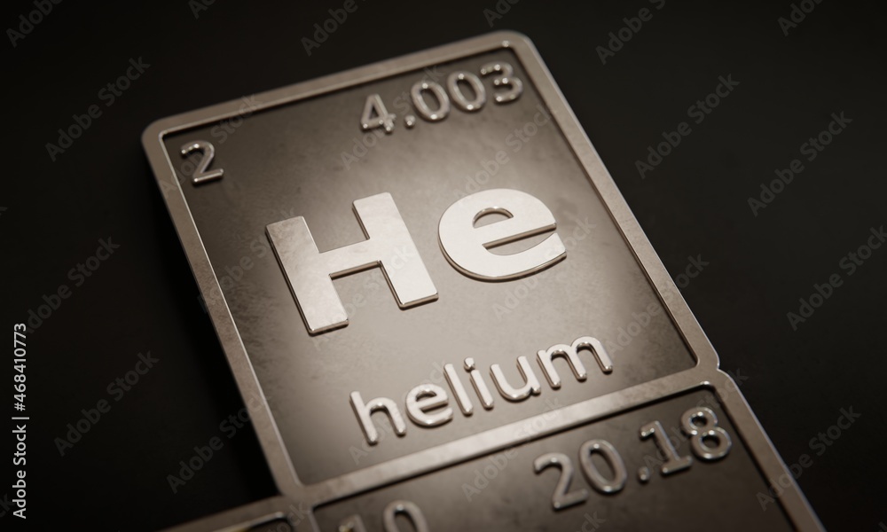 Highlight on chemical element Helium in periodic table of elements. 3D rendering