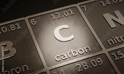 Highlight on chemical element Carbon in periodic table of elements. 3D rendering