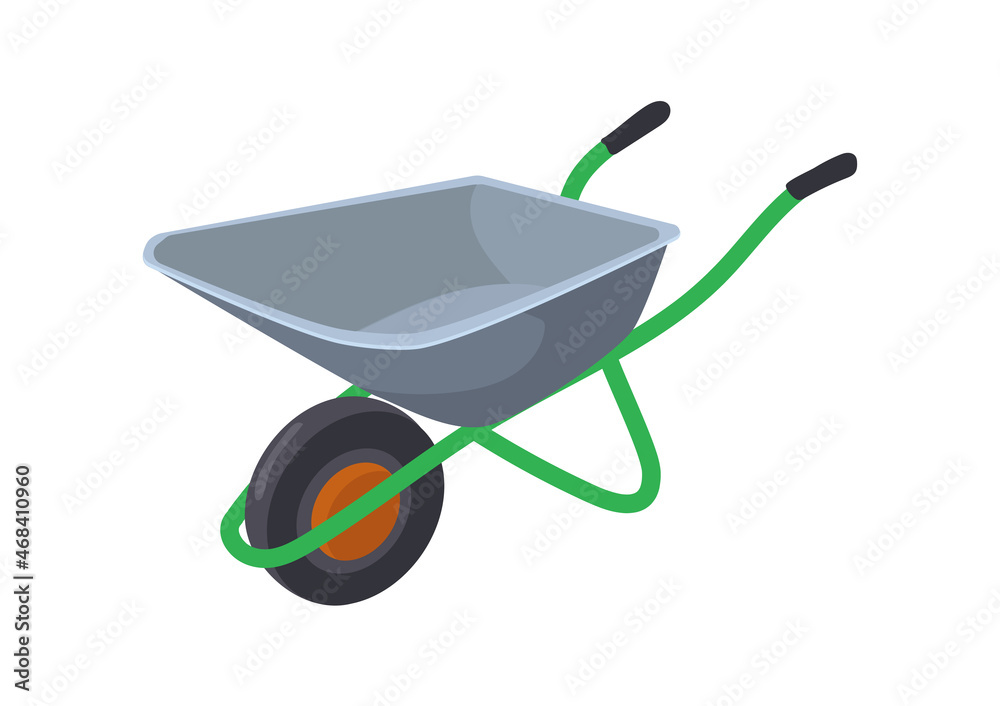 Construction wheelbarrow. Cartoon trolley, garden rural agriculture cart in wheels, flat vector icon illustration Construction wheelbarrow. Cartoon trolley, garden rural agriculture cart in wheels, flat vector icon illustration