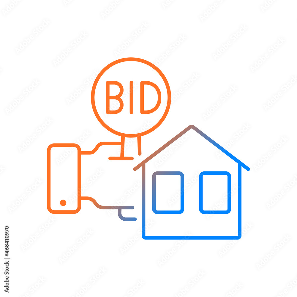 Real estate auction gradient linear vector icon. Competitive bidding for property. Selling buildings and land. Thin line color symbol. Modern style pictogram. Vector isolated outline drawing Real estate auction gradient linear vector icon. Competitive bidding for property. Selling buildings and land. Thin line color symbol. Modern style pictogram. Vector isolated outline drawing