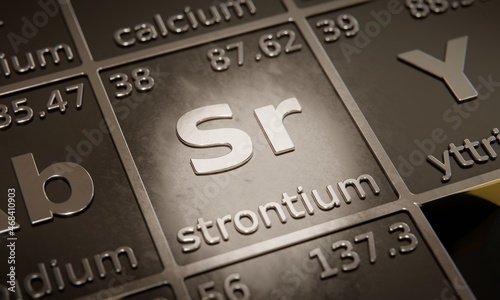 Highlight on chemical element Strontium in periodic table of elements. 3D rendering