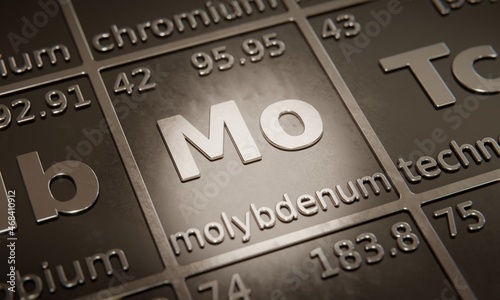 Highlight on chemical element Molybdenum in periodic table of elements. 3D rendering