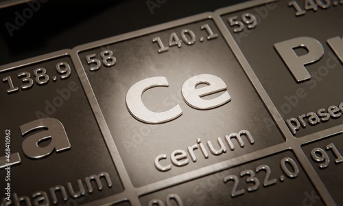 Highlight on chemical element Cerium in periodic table of elements. 3D rendering