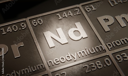 Highlight on chemical element Neodymium in periodic table of elements. 3D rendering