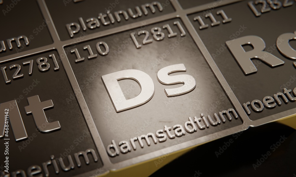 Highlight on chemical element Darmstadtium in periodic table of elements. 3D rendering Highlight on chemical element Darmstadtium in periodic table of elements. 3D rendering