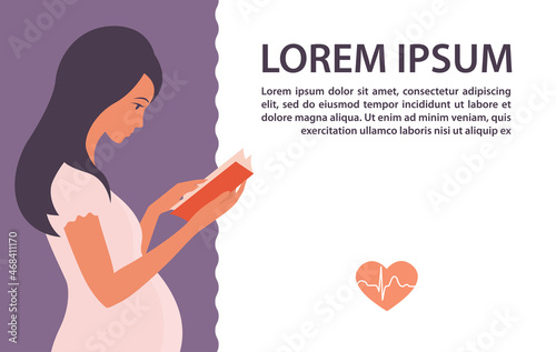 Beautiful pregnant girl reads a book. Learning to be a mom. Healthy lifestyle. Vector cartoon illustration banner