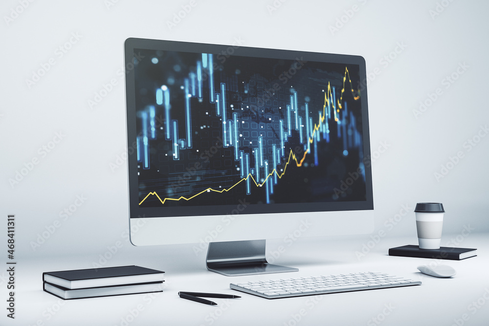 Abstract creative financial diagram on modern computer monitor, banking and accounting concept. 3D Rendering Abstract creative financial diagram on modern computer monitor, banking and accounting concept. 3D Rendering