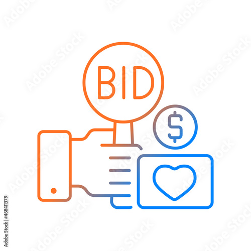 Charity auction gradient linear vector icon. Fundraising event. Bidding for experimental assets. Public sales. Thin line color symbol. Modern style pictogram. Vector isolated outline drawing