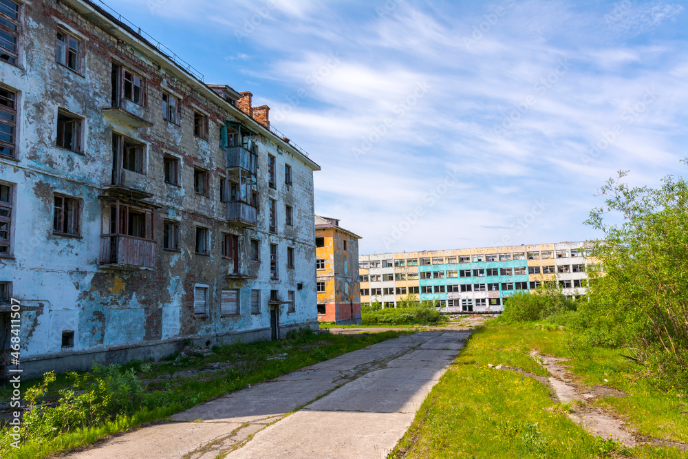 Empty houses in the abandoned settlement of Komsomolsky. Russia