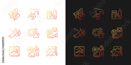 Pet physical injuries gradient icons set for dark and light mode. Domestic animal disease. Thin line contour symbols bundle. Isolated vector outline illustrations collection on black and white