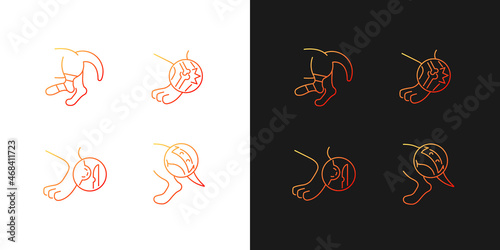 Animal injuries gradient icons set for dark and light mode. Pet diseases. Limb sprains and trauma. Thin line contour symbols bundle. Isolated vector outline illustrations collection on black and white