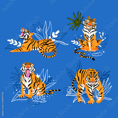 Vector tiger funny set on blue background. Flat design isolated element. Wildlife animal illustration.