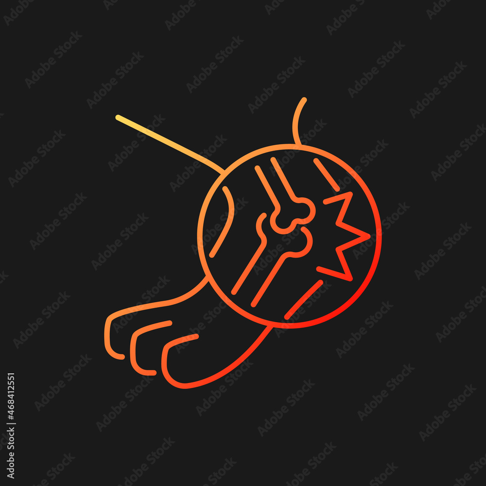 Arthritis gradient vector icon for dark theme. Joints inflammation. Pet limbs affecting illness. Animal disease. Thin line color symbol. Modern style pictogram. Vector isolated outline drawing Arthritis gradient vector icon for dark theme. Joints inflammation. Pet limbs affecting illness. Animal disease. Thin line color symbol. Modern style pictogram. Vector isolated outline drawing