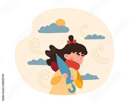 Girl in stormy weather. Woman walks with umbrella down street in autumn. Rain  wind  cold. Taking care of your health  warm clothes  children caught outdoor. Cartoon flat vector illustration