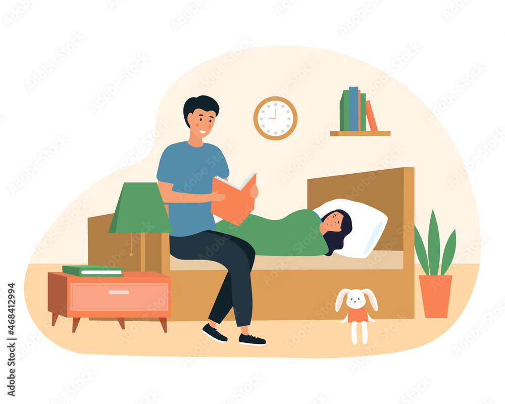 Father reading at night. Man spends evening with his daughter. Family vacation after work. Dad puts children to bed. Apartment, lifestyle, home, indoor, comfort. Cartoon flat vector illustration Father reading at night. Man spends evening with his daughter. Family vacation after work. Dad puts children to bed. Apartment, lifestyle, home, indoor, comfort. Cartoon flat vector illustration