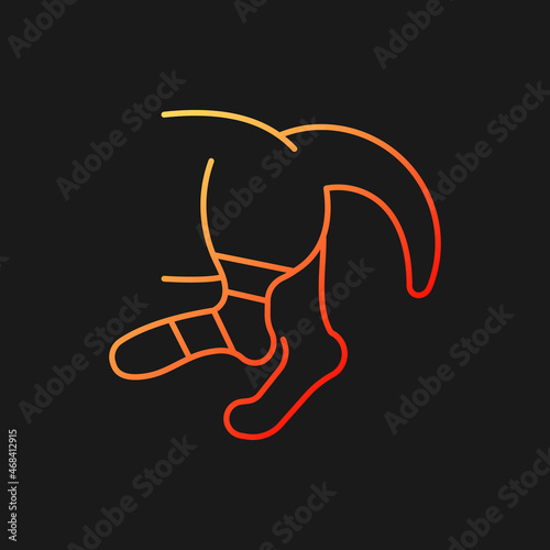 Pet sprain gradient vector icon for dark theme. Animal with hurt limb. Hips and thighs strains. Joints and bones injury. Thin line color symbol. Modern style pictogram. Vector isolated outline drawing