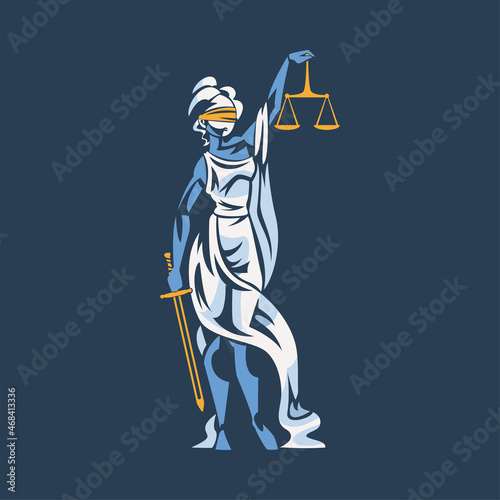 Themis as Ancient Greek Goddess and Lady Justice with Blindfold Holding Scales and Sword Vector Illustration
