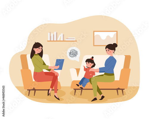 Children psychotherapy concept. Mother brought her daughter to specialist. Doctor will be able to solve internal problems. Parents take care of their teenager. Cartoon flat vector illustration