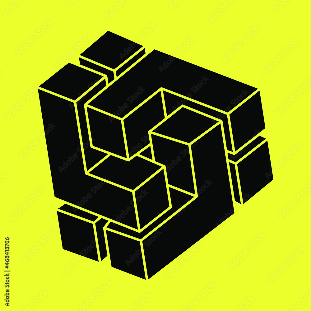 Impossible shapes. Optical illusion figure. Abstract eternal geometric object. Impossible geometry symbol on a yellow background. Optical art. Impossible shapes. Optical illusion figure. Abstract eternal geometric object. Impossible geometry symbol on a yellow background. Optical art.