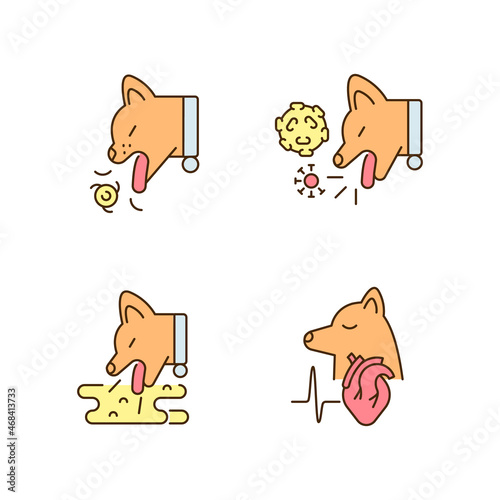 Pet stomach illness RGB color icons set. Vomiting and kennel cough problems. Domestic animals diseases. Isolated vector illustrations. Simple filled line drawings collection. Editable stroke