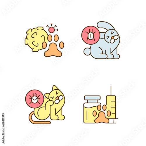 Pet parasites RGB color icons set. Fleas and ticks. Ear infection. Animal vaccination. Viral disease prevention. Isolated vector illustrations. Simple filled line drawings collection. Editable stroke