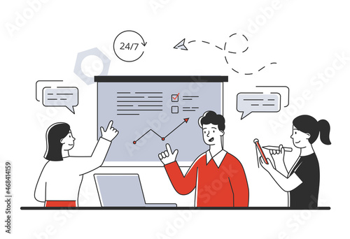 Concept of teamwork. Employees working together to develop interface for page. Design for website. Programmers write code, layout, mockup. Motvation, workflow. Cartoon flat vector illustration