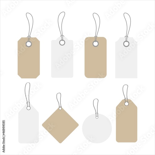 Blank white paper price tags or gift tags in different shapes. Labels with cord.