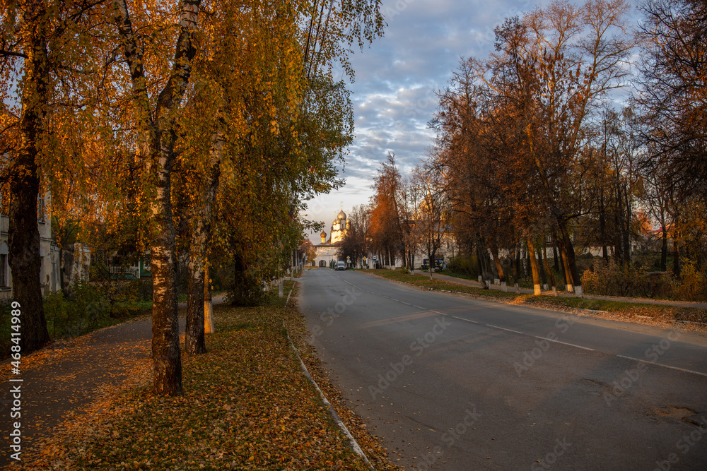 Autumn landscape in the old town. Street in the historic center of Rostov.