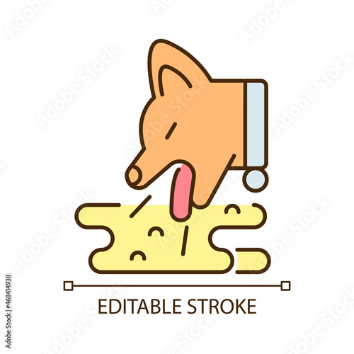 Vomiting pet RGB color icon. Emesis and throwing up. Stomach content explosion. Sick animal with digestive problems. Isolated vector illustration. Simple filled line drawing. Editable stroke