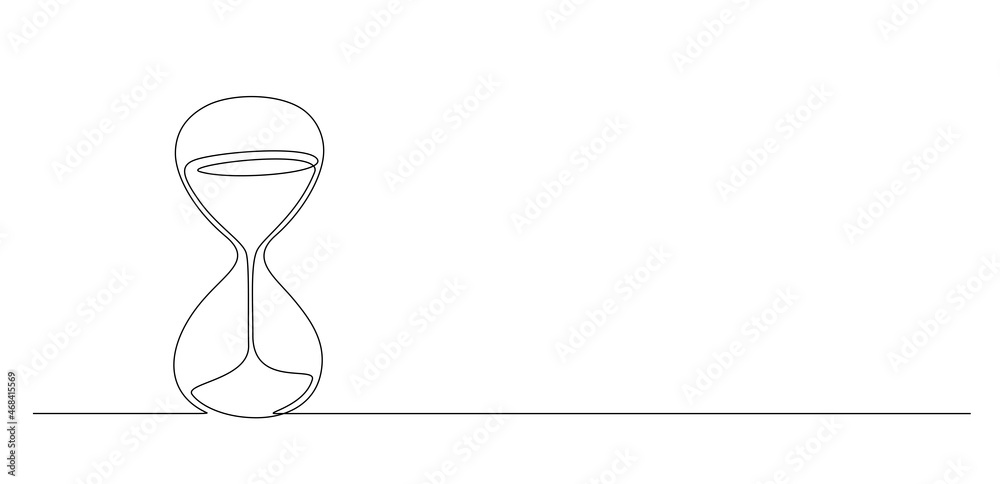 One continuous line drawing of hourglass with flow sand. Vintage timer as time passing concept for business deadline in simple linear style isolated on white background. Doodle vector illustration