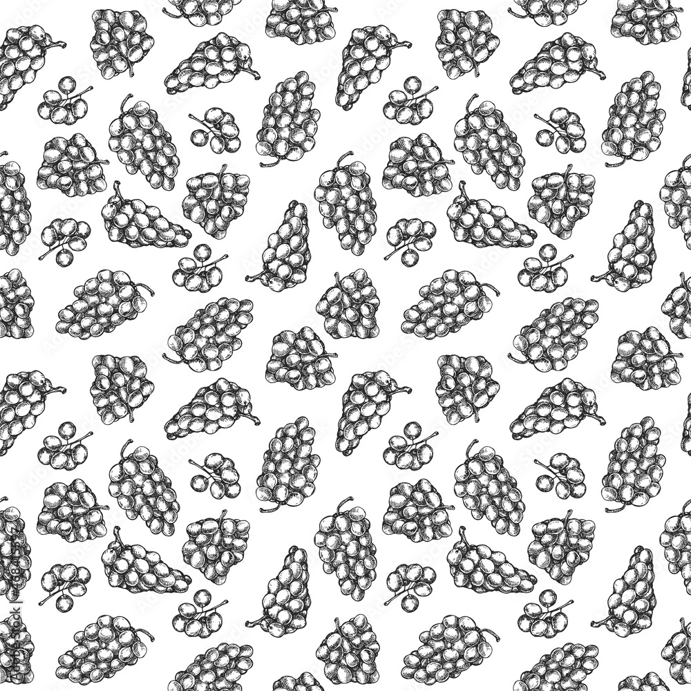 Hand drawing seamless pattern with grape in monochrome sketch engraved style isolated on white background. Design for branding textile or market cover, banner, cloth. Botanical vector illustration. Hand drawing seamless pattern with grape in monochrome sketch engraved style isolated on white background. Design for branding textile or market cover, banner, cloth. Botanical vector illustration.