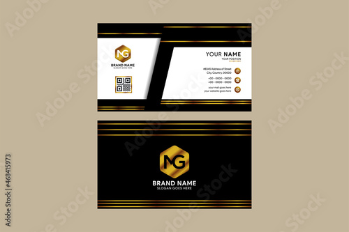 Creative rectangle business card design. horizontal layout use combination gold, white and gold colors of identity card template. 