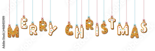 Hanging gingerbread cookie letters with phrase merry christmas in cartoon style. Sweet biscuit in holiday message isolated on white background. Vector illustration