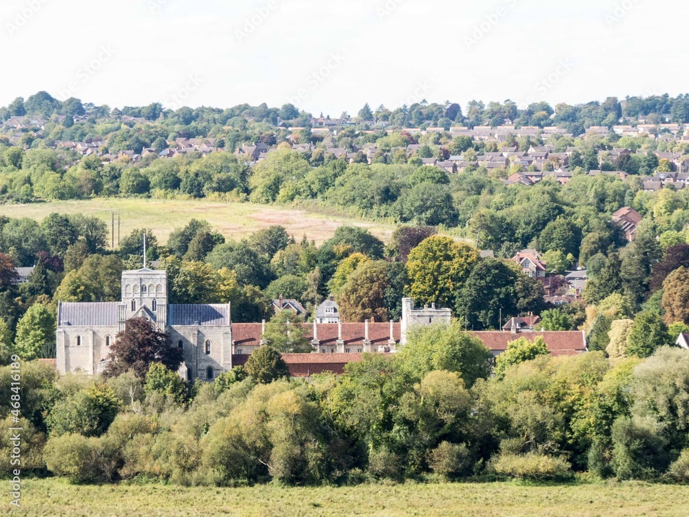 View of The Hospital of St Cross and Almshouse of Noble Poverty Winchester Hampshire England from St Catherine's Hill