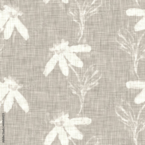 Hand drawn grey flower motif linen texture. Whimsical garden seamless pattern. Modern spring doodle floral nature textile for home decor. Botanical scandi style rustic eco ecru all over print