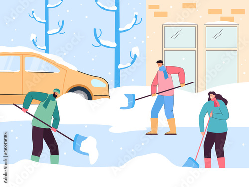 People cleaning roads buried in snow. Active male and female characters holding shovels working outdoors together after storm flat vector illustration. Winter activities and problems concept