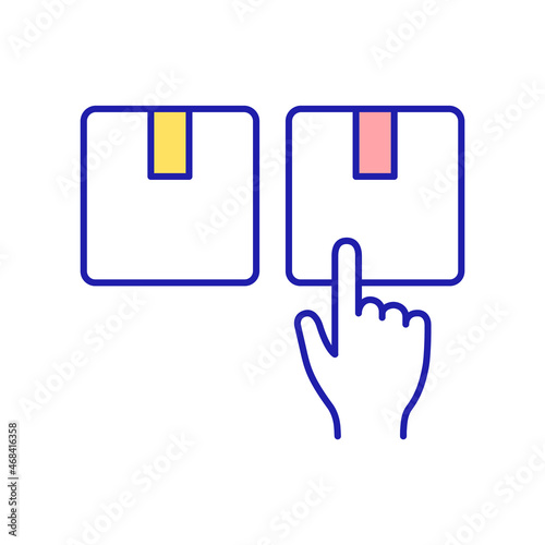 Choosing product RGB color icon. Selection of goods. Production choise for customers. Deciding on beneficial option. Picking container. Isolated vector illustration. Simple filled line drawing