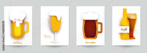 Set background templates for beer banner, flyer, card, poster in modern minimalistic paper cut style. Collection design composition of branding ads, festival, party, identity. Vector illustration.