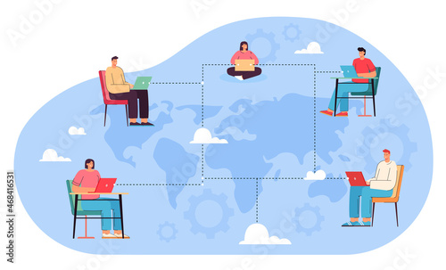 Cartoon men and women sitting with laptops, doing work at distance. Remote employees using cloud system for companys data flat vector illustration. Management, recruitment, teamwork, workforce concept