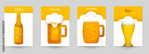 Set background templates for beer banner, flyer, card, poster in modern minimalistic paper cut style. Collection design composition of branding ads, festival, party, identity. Vector illustration. photo