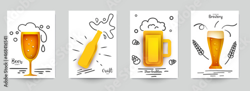 Set background templates for beer banner, flyer, card, poster in modern minimalistic paper cut style. Collection design composition of branding ads, festival, party, identity. Vector illustration.